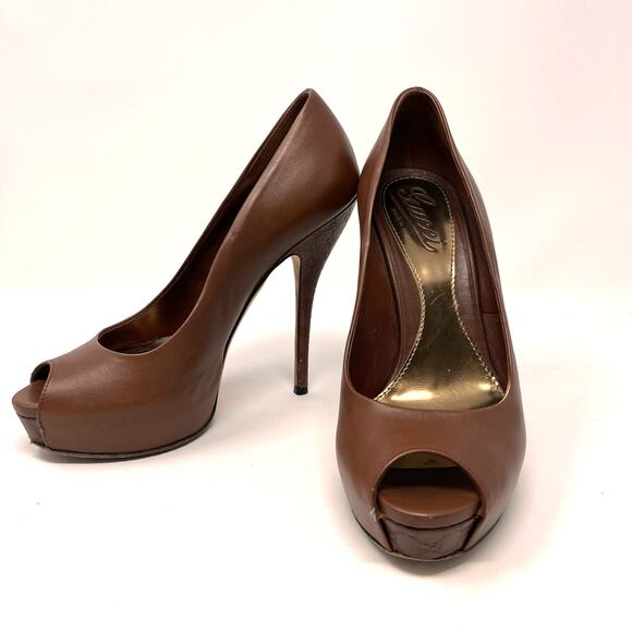 Gucci Womens 36 Chocolate Brown Leather Sofia Platform Stiletto Peep Toe Heels - Picture 1 of 16